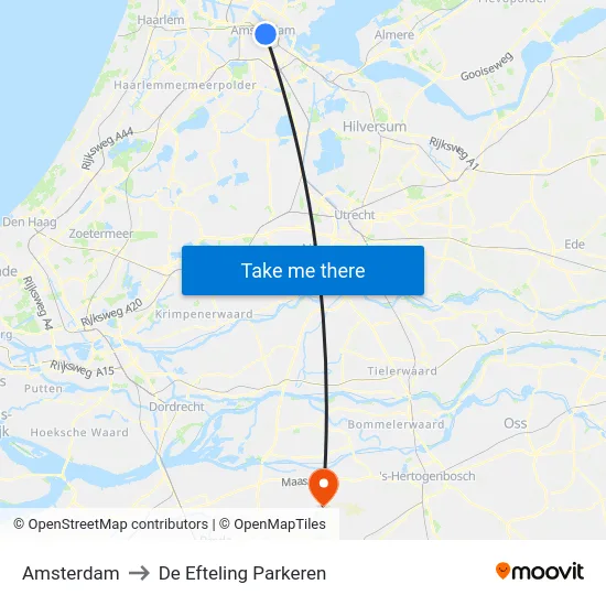 Amsterdam to De Efteling Parkeren map