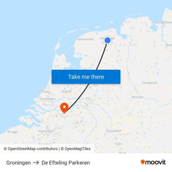 Groningen to De Efteling Parkeren map