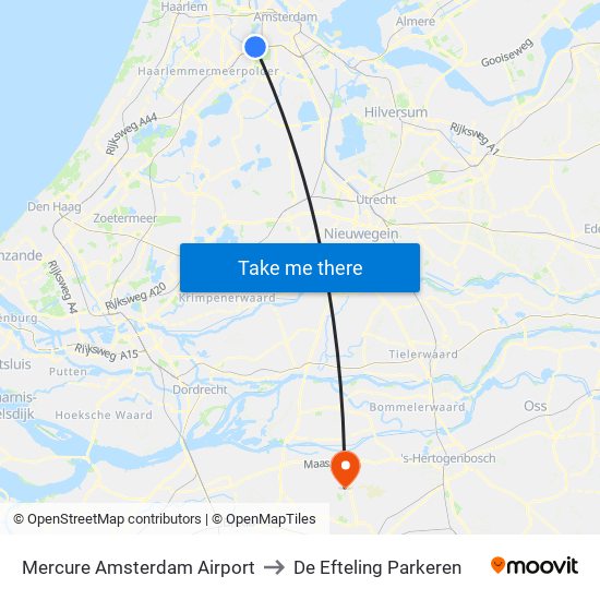 Mercure Amsterdam Airport to De Efteling Parkeren map