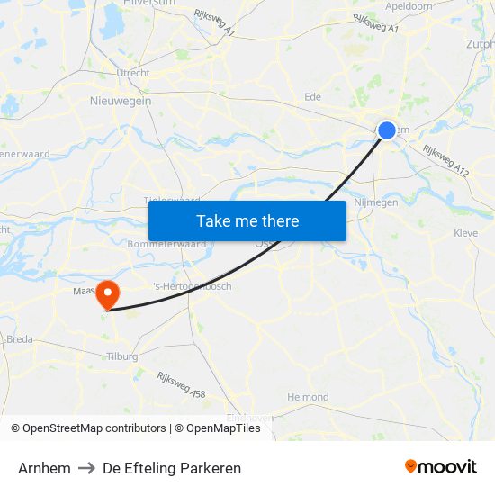 Arnhem to De Efteling Parkeren map