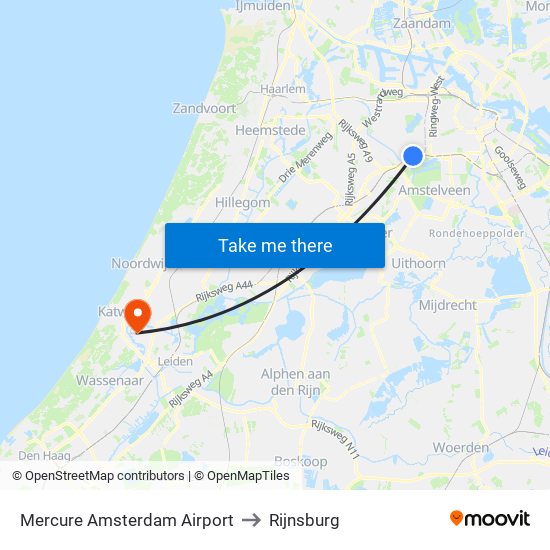 Mercure Amsterdam Airport to Rijnsburg map