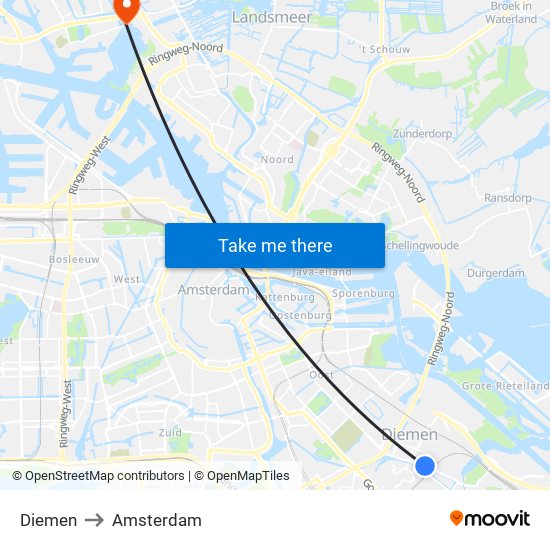 Diemen to Amsterdam map