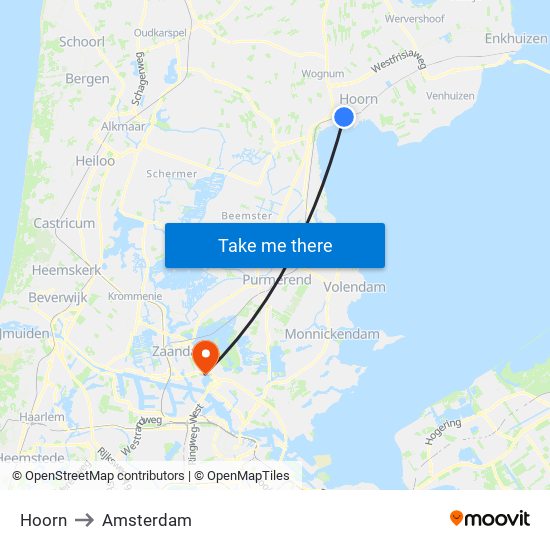 Hoorn to Amsterdam map