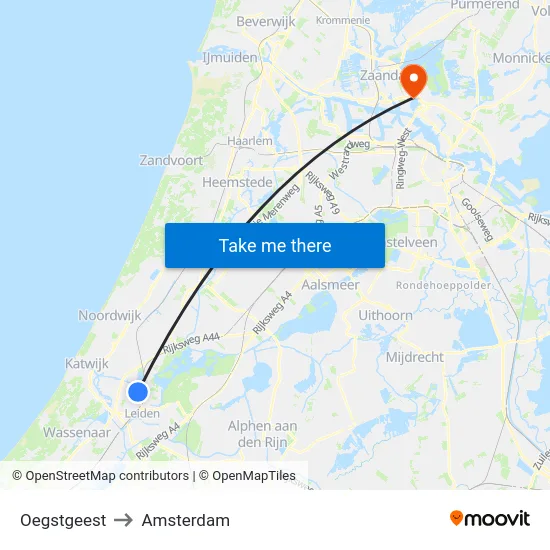 Oegstgeest to Amsterdam map