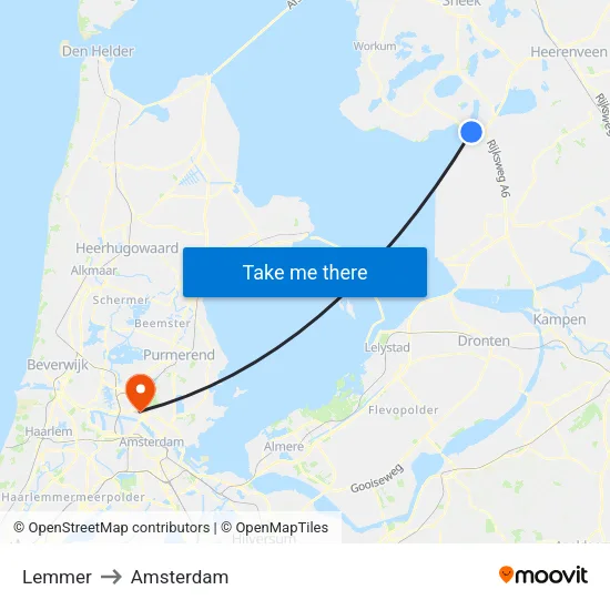 Lemmer to Amsterdam map