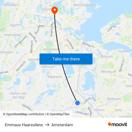 Emmaus Haarzuilens to Amsterdam map