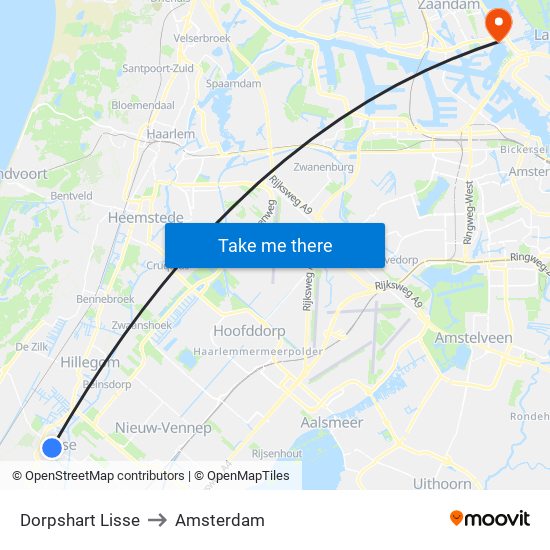 Dorpshart Lisse to Amsterdam map