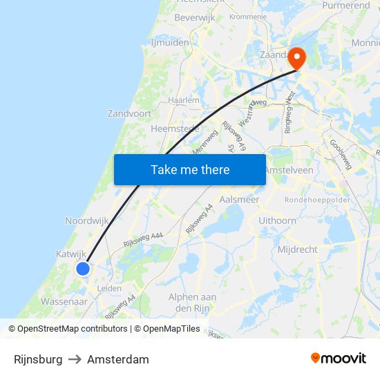 Rijnsburg to Amsterdam map