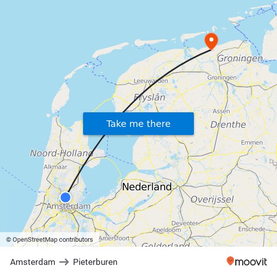 Amsterdam to Pieterburen map