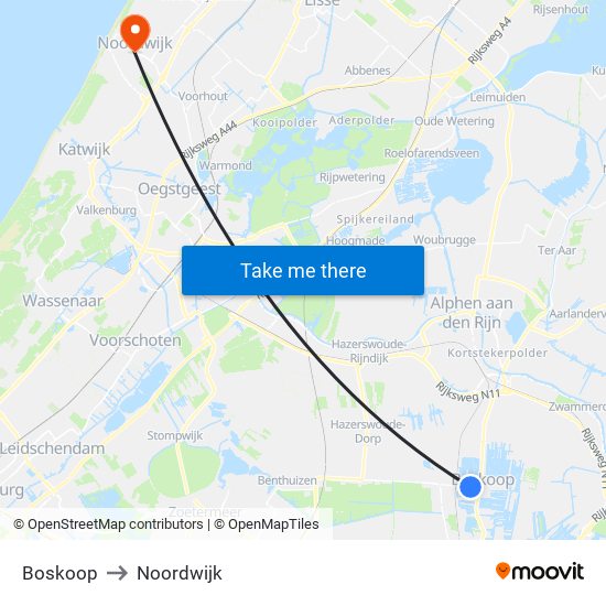 Boskoop to Noordwijk map