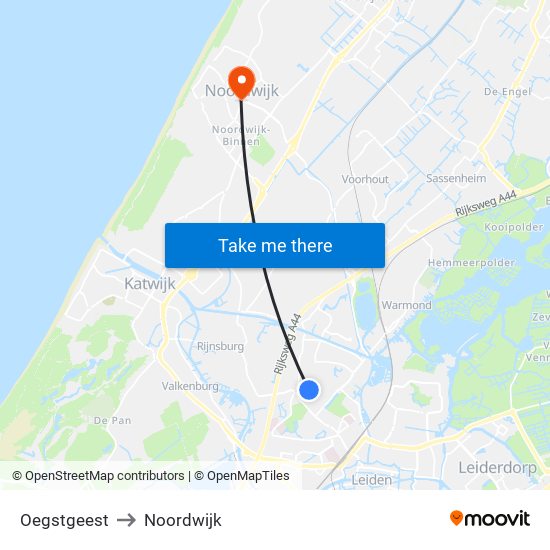 Oegstgeest to Noordwijk map