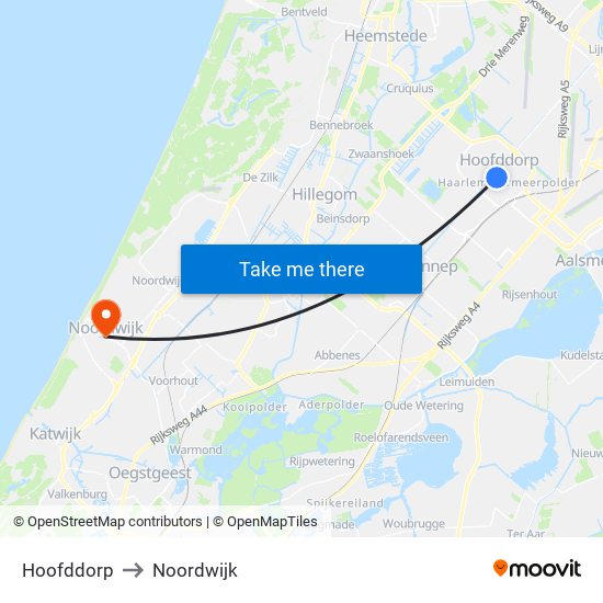 Hoofddorp to Noordwijk map