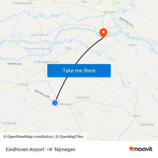 Eindhoven Airport to Nijmegen map