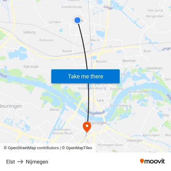 Elst to Nijmegen map