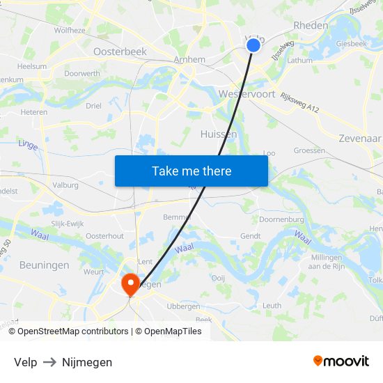 Velp to Nijmegen map