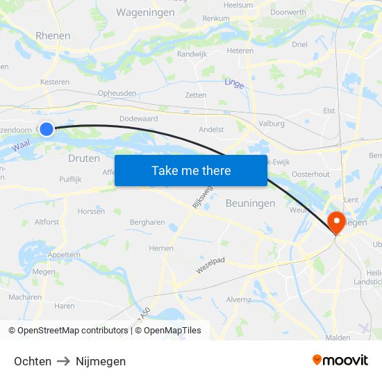 Ochten to Nijmegen map