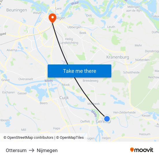 Ottersum to Nijmegen map