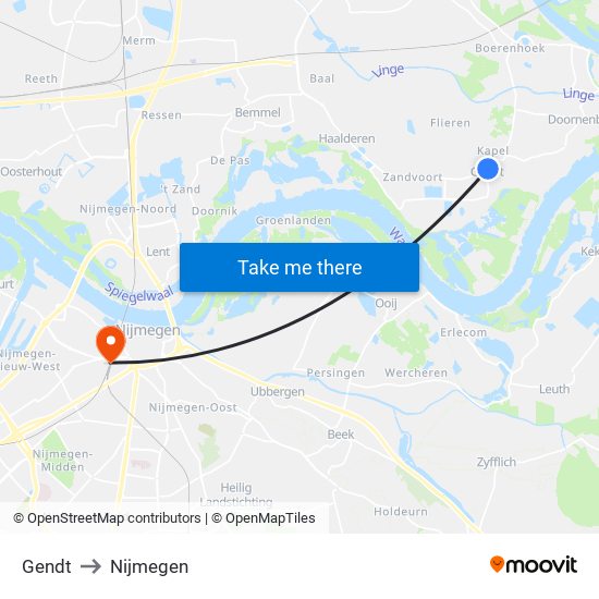 Gendt to Nijmegen map
