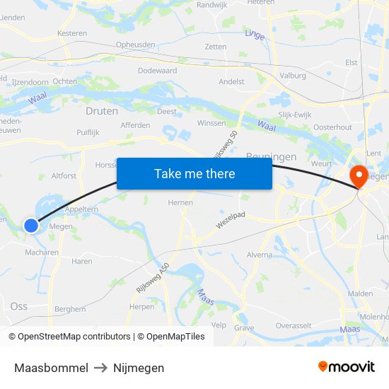 Maasbommel to Nijmegen map