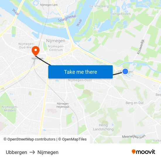 Ubbergen to Nijmegen map