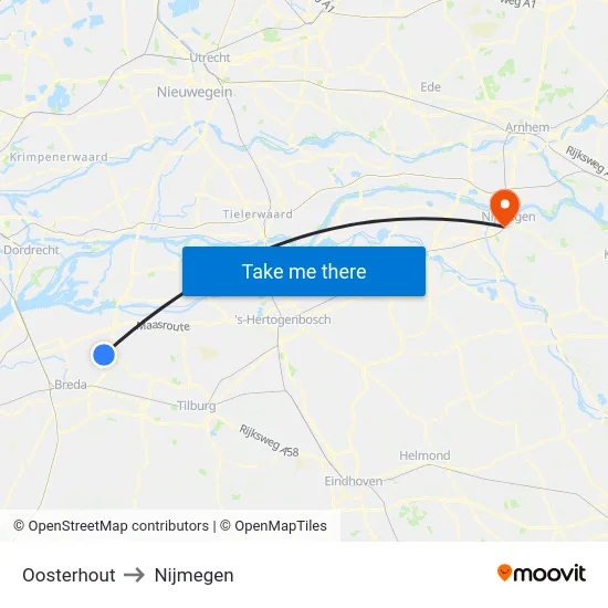 Oosterhout to Nijmegen map