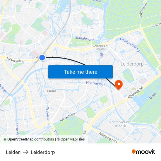 Leiden to Leiderdorp map