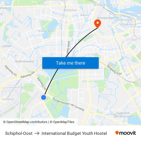 Schiphol-Oost to International Budget Youth Hostel map