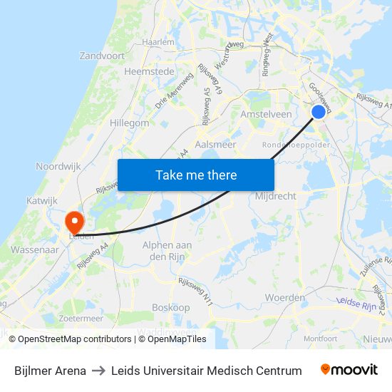 Bijlmer Arena to Leids Universitair Medisch Centrum map