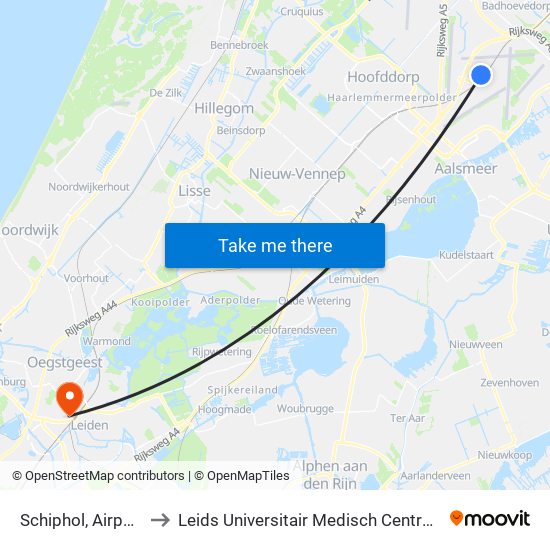 Schiphol, Airport to Leids Universitair Medisch Centrum map