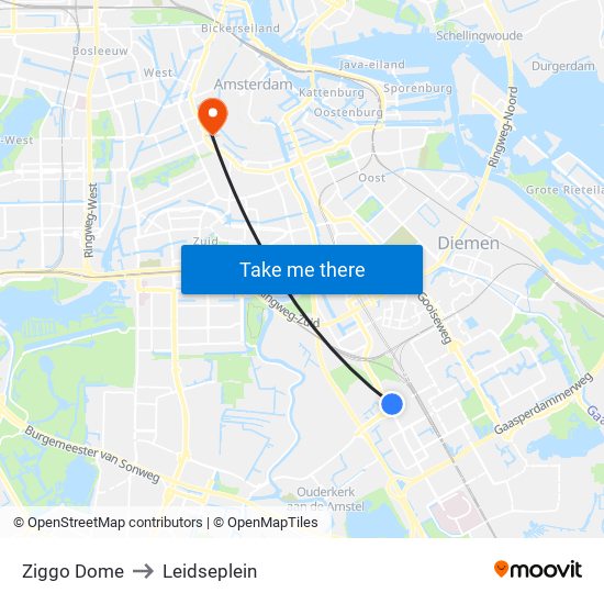 Ziggo Dome to Leidseplein map