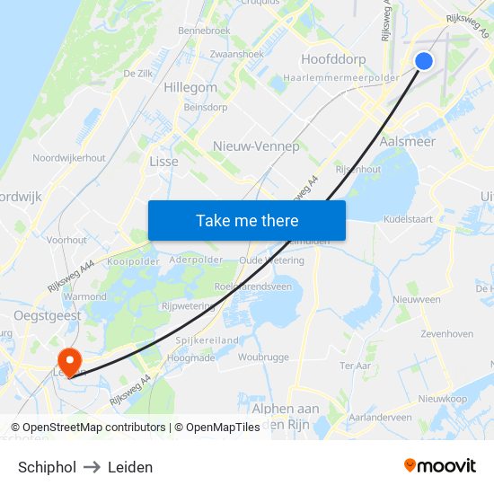 Schiphol to Leiden map