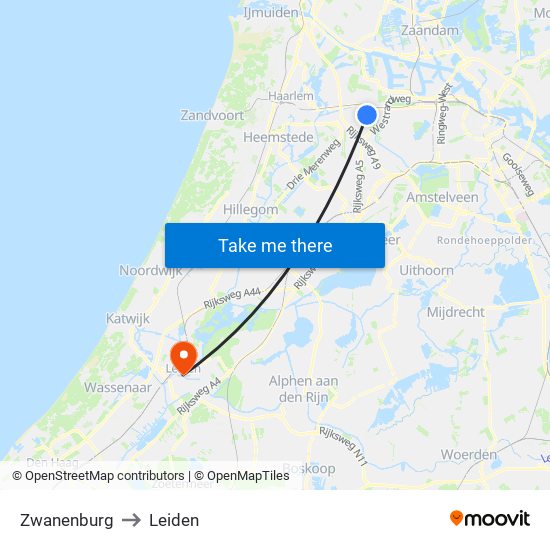 Zwanenburg to Leiden map