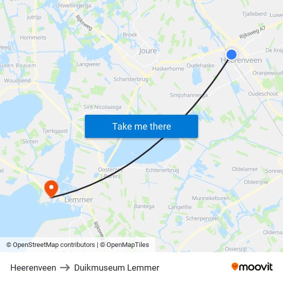 Heerenveen to Duikmuseum Lemmer map