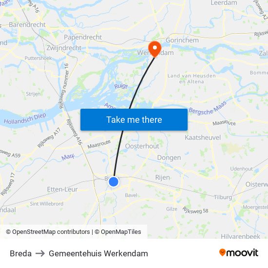 Breda to Gemeentehuis Werkendam map