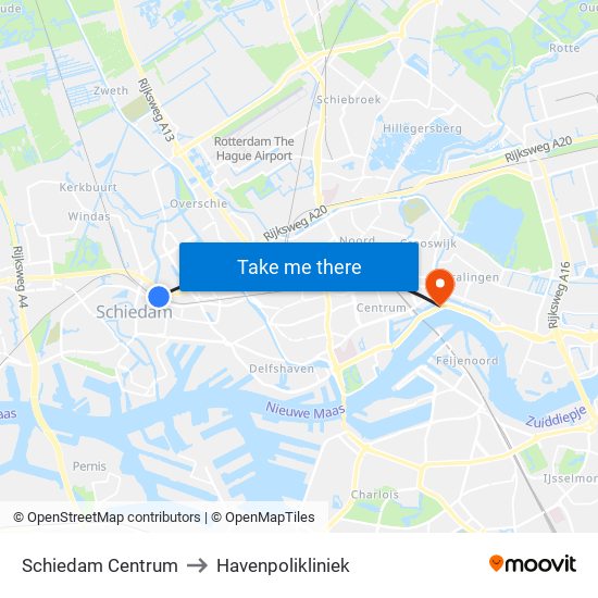 Schiedam Centrum to Havenpolikliniek map