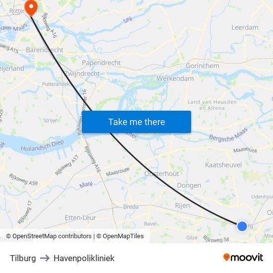 Tilburg to Havenpolikliniek map