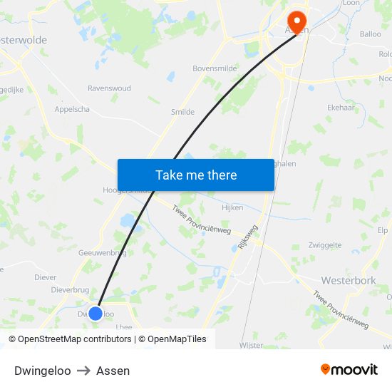 Dwingeloo to Assen map