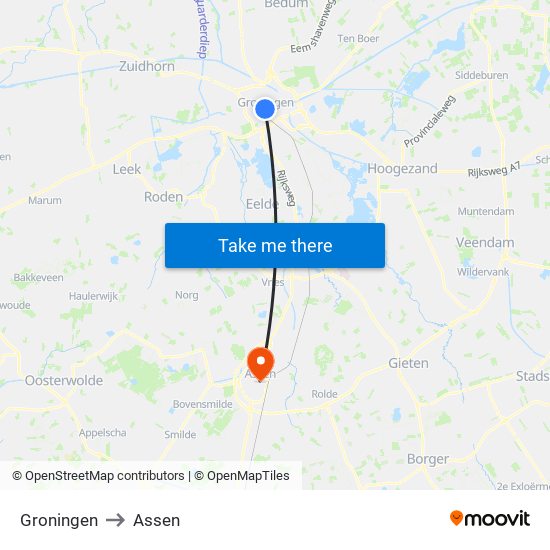 Groningen to Assen map