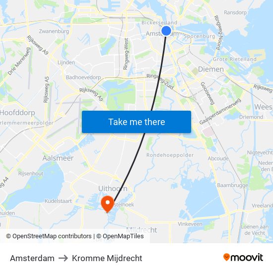 Amsterdam to Kromme Mijdrecht map