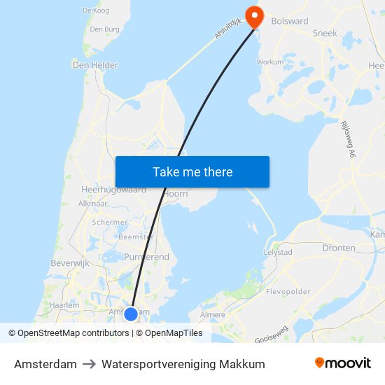 Amsterdam to Watersportvereniging Makkum map