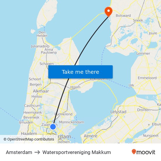 Amsterdam to Watersportvereniging Makkum map