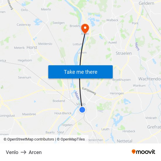 Venlo to Arcen map