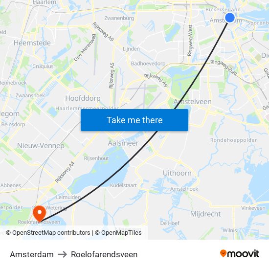 Amsterdam to Roelofarendsveen map