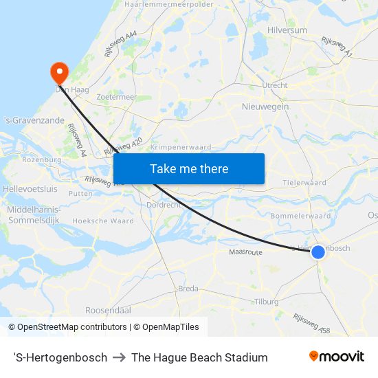 'S-Hertogenbosch to The Hague Beach Stadium map