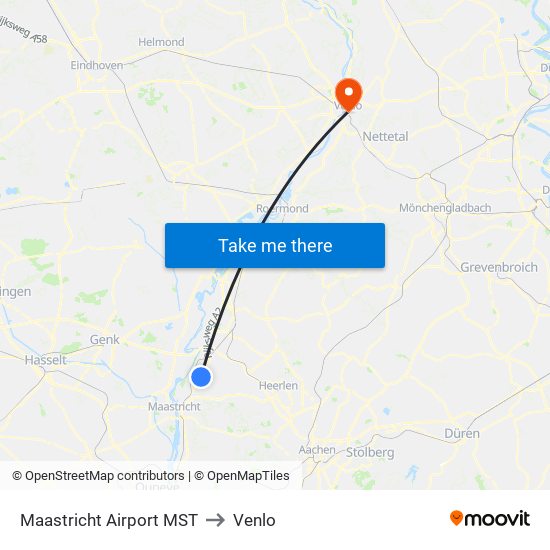 Maastricht Airport MST to Venlo map