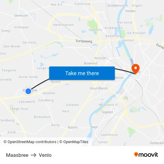 Maasbree to Venlo map