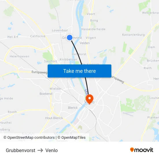 Grubbenvorst to Venlo map
