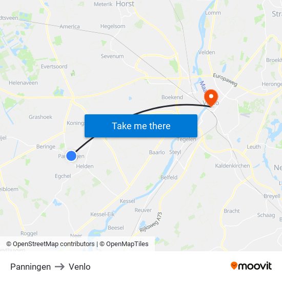 Panningen to Venlo map