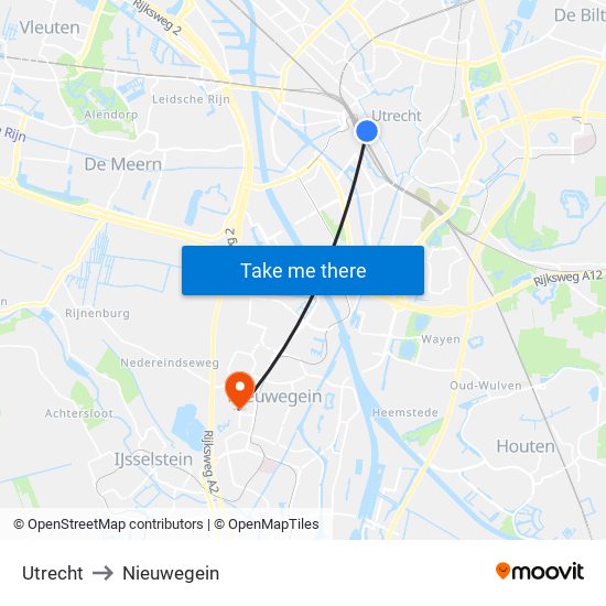 Utrecht to Nieuwegein map