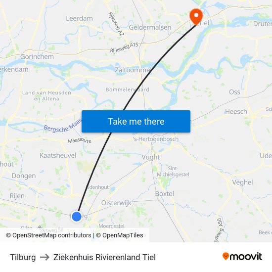 Tilburg to Ziekenhuis Rivierenland Tiel map